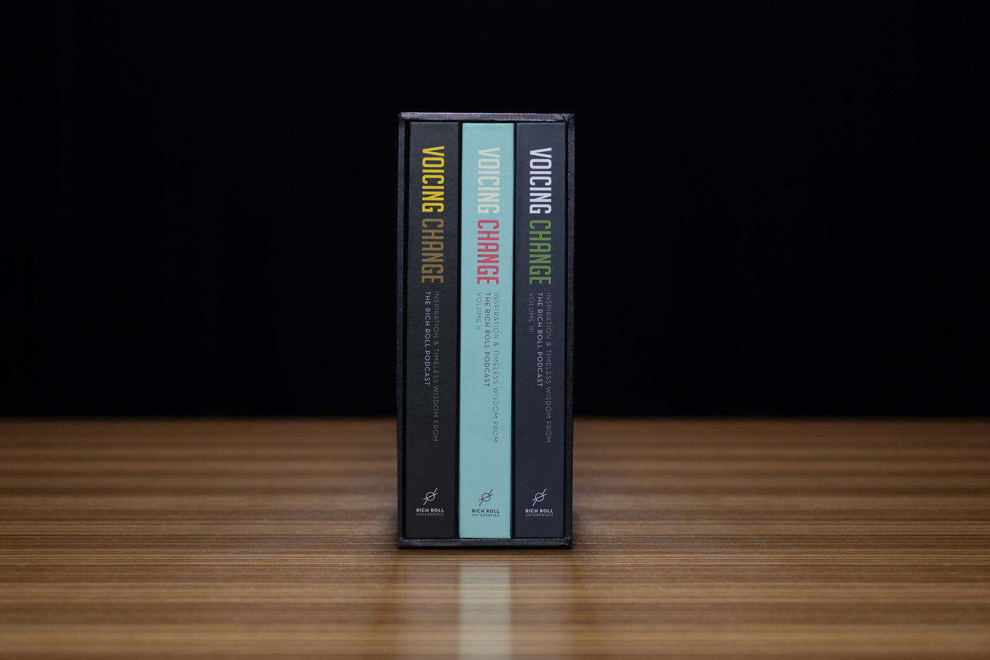 The spines of all Voicing Change books in the box set