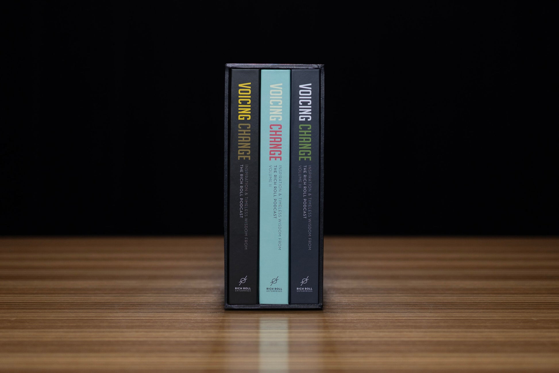 The spines of all Voicing Change books in the box set